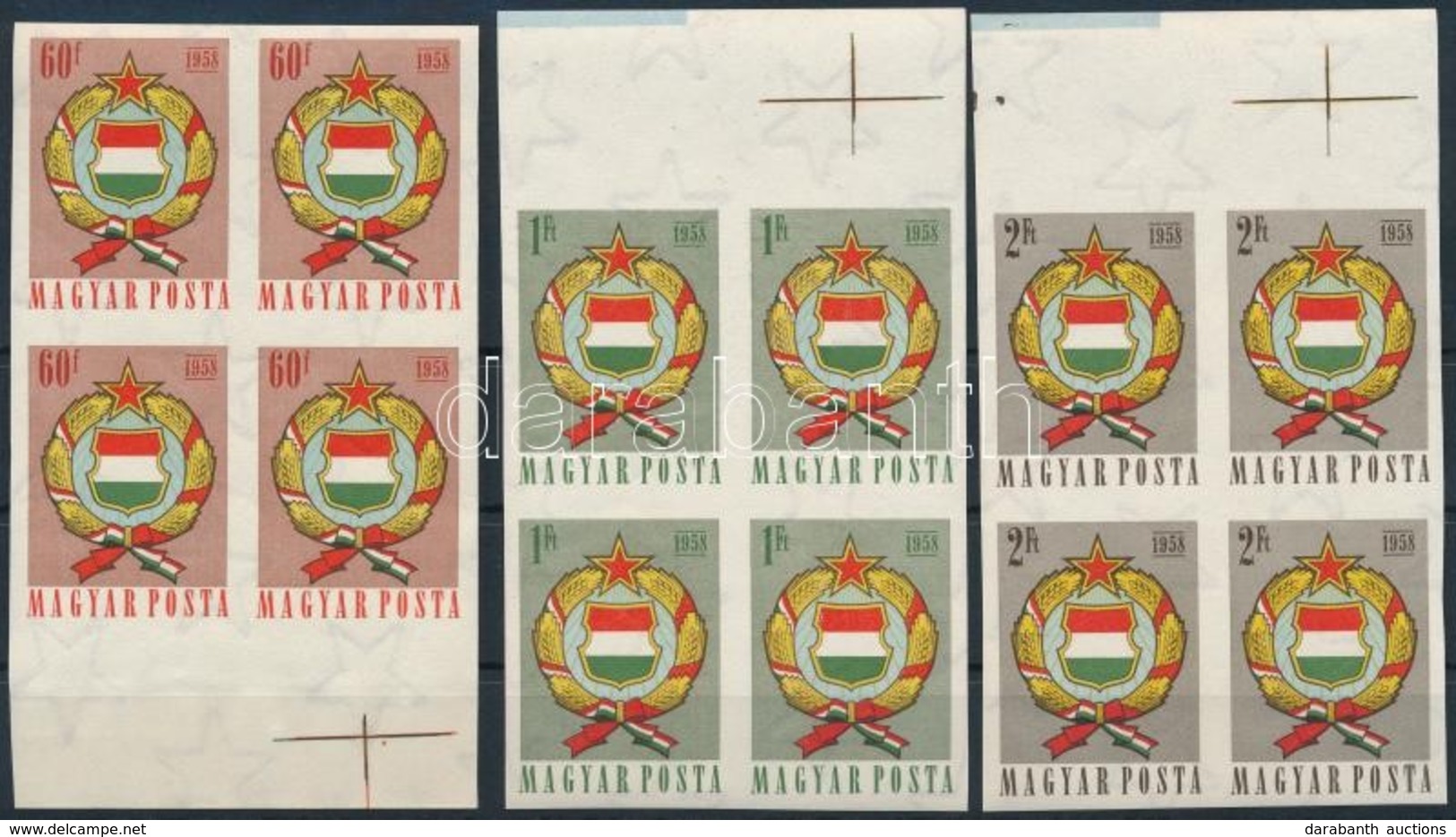 ** 1958 Népköztársasági Címer II. Vágott Sor ívszéli Négyestömbökben (20.000) / Mi 1528-1530 Imperforate Set In Margin B - Other & Unclassified