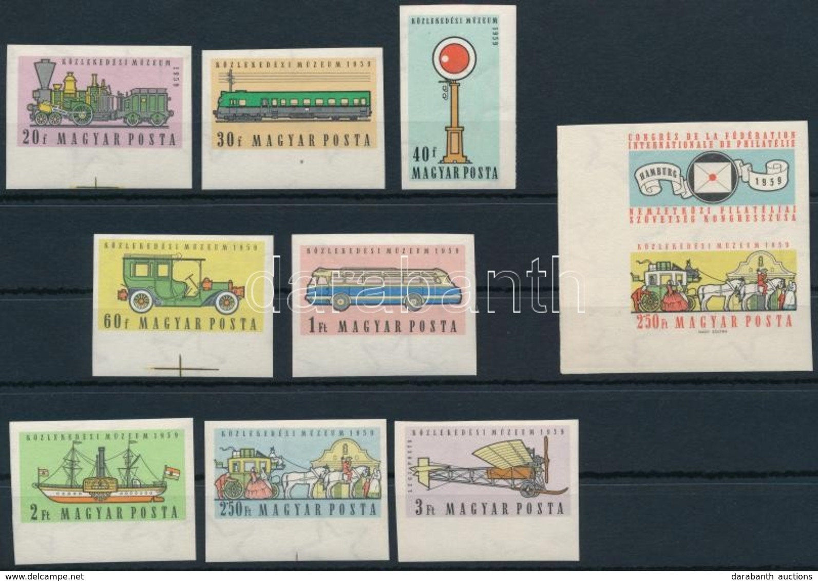 ** 1959 Közlekedési Múzeum Vágott Sor + FIP ívsarki Szelvényes Vágott Bélyeg (13.500) / Mi 1583-1591 Imperforate Stamps - Autres & Non Classés