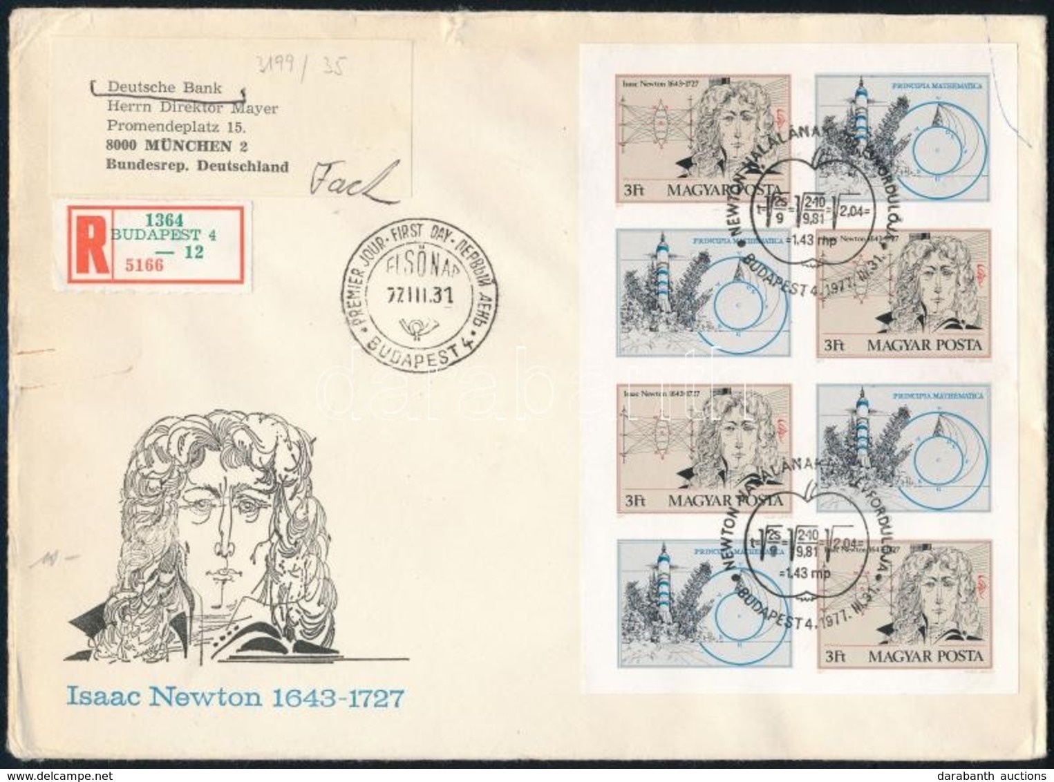 1977 Isaac Newton Vágott Kisív Ajánlott FDC-n / Mi 3199 Imperforate Minisheet On Registered FDC - Autres & Non Classés