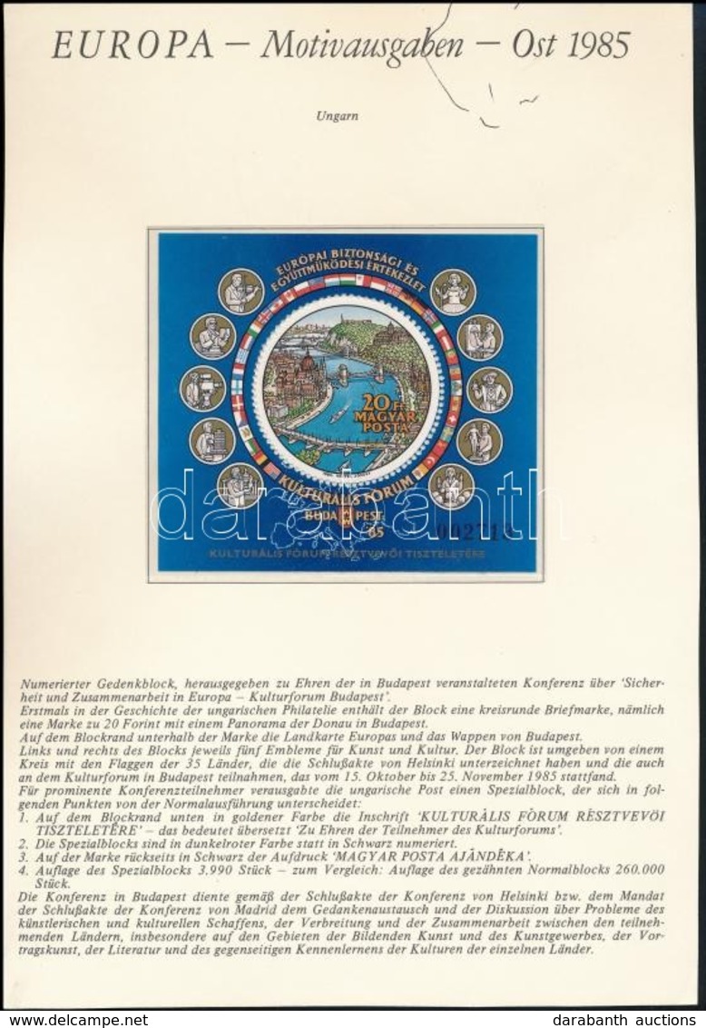 ** 1985 Kulturális Fórum Ajándék Blokk + Emléklap A Tervező, Vertel József Aláírásával (31.000) / Mi Block 180 Present O - Other & Unclassified