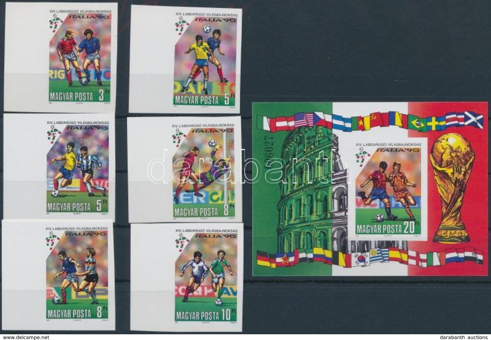 ** 1990 Labdarúgó VB ívszéli Vágott Sor és Vágott Blokk (8.500) / Mi 4087-4092 Imperforate Margin Set + Mi 210 Imperfora - Autres & Non Classés