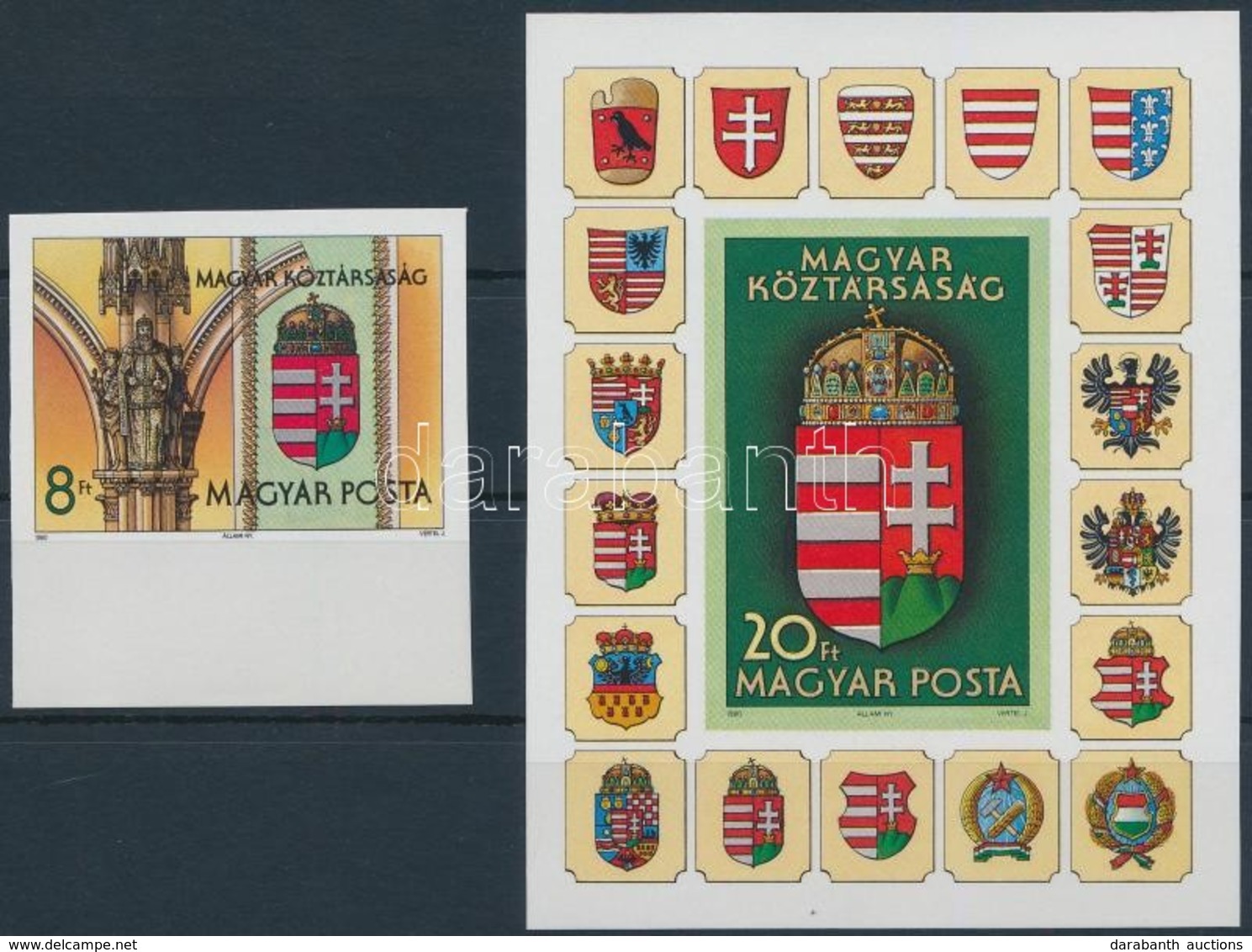 ** 1990 A Magyar Köztársaság Címere I. ívszéli Vágott Bélyeg és Vágott Blokk (12.000) / Mi 4099 Imperforate Margin Stamp - Autres & Non Classés