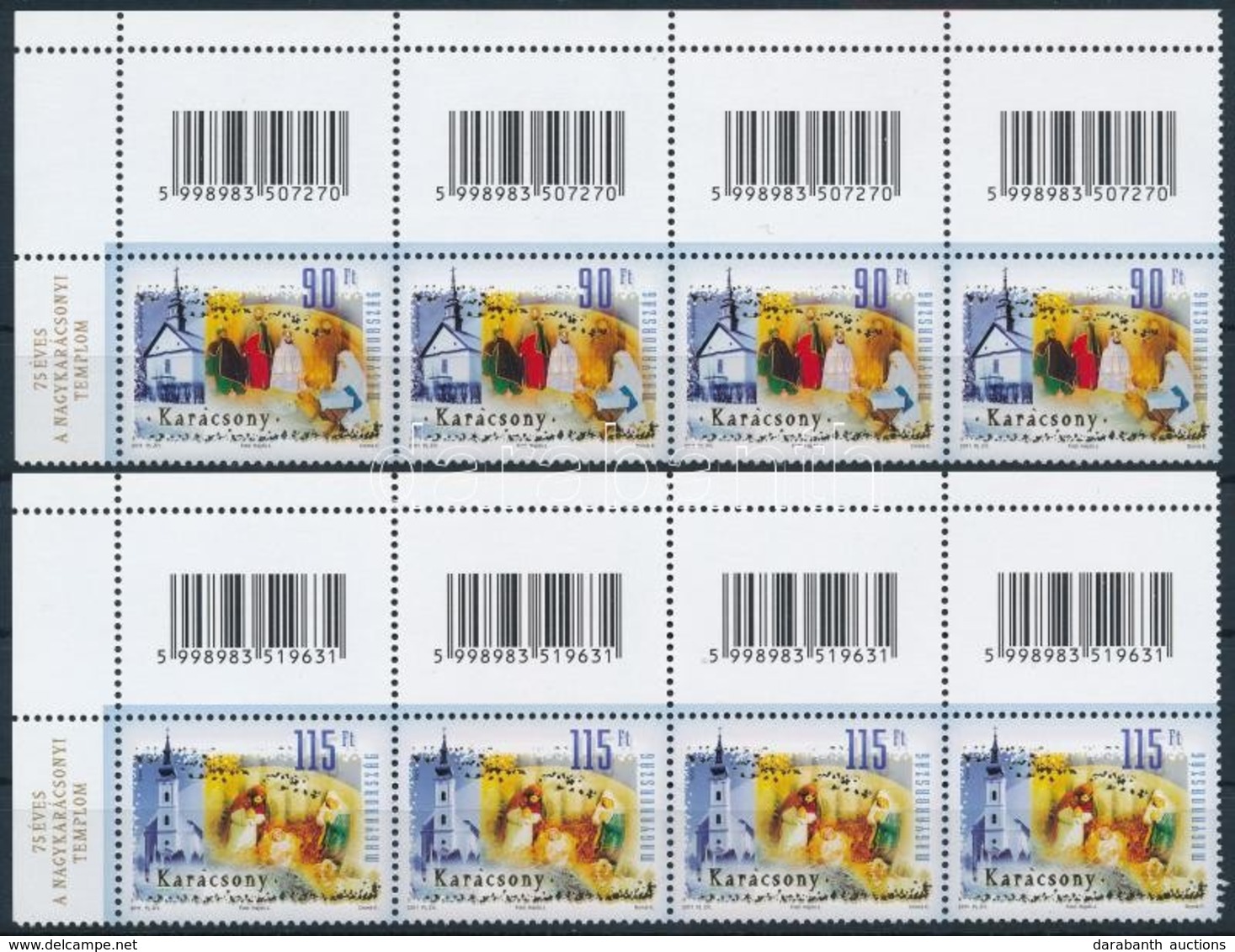 ** 2011 Karácsony Sor Vonalkódos ívsarki Négyescsíkokban, ívszéli Felirattal / Mi 5536-5537 Set In Corner Stripes Of 4 W - Autres & Non Classés