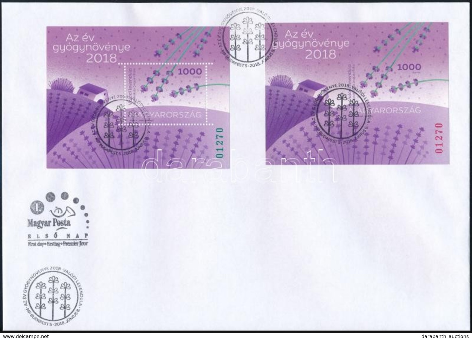 2018 Levendula Fogazott és Vágott Blokk Azonos Sorszámmal FDC-n / Perforate And Imperforate Block With Same Number On FD - Autres & Non Classés