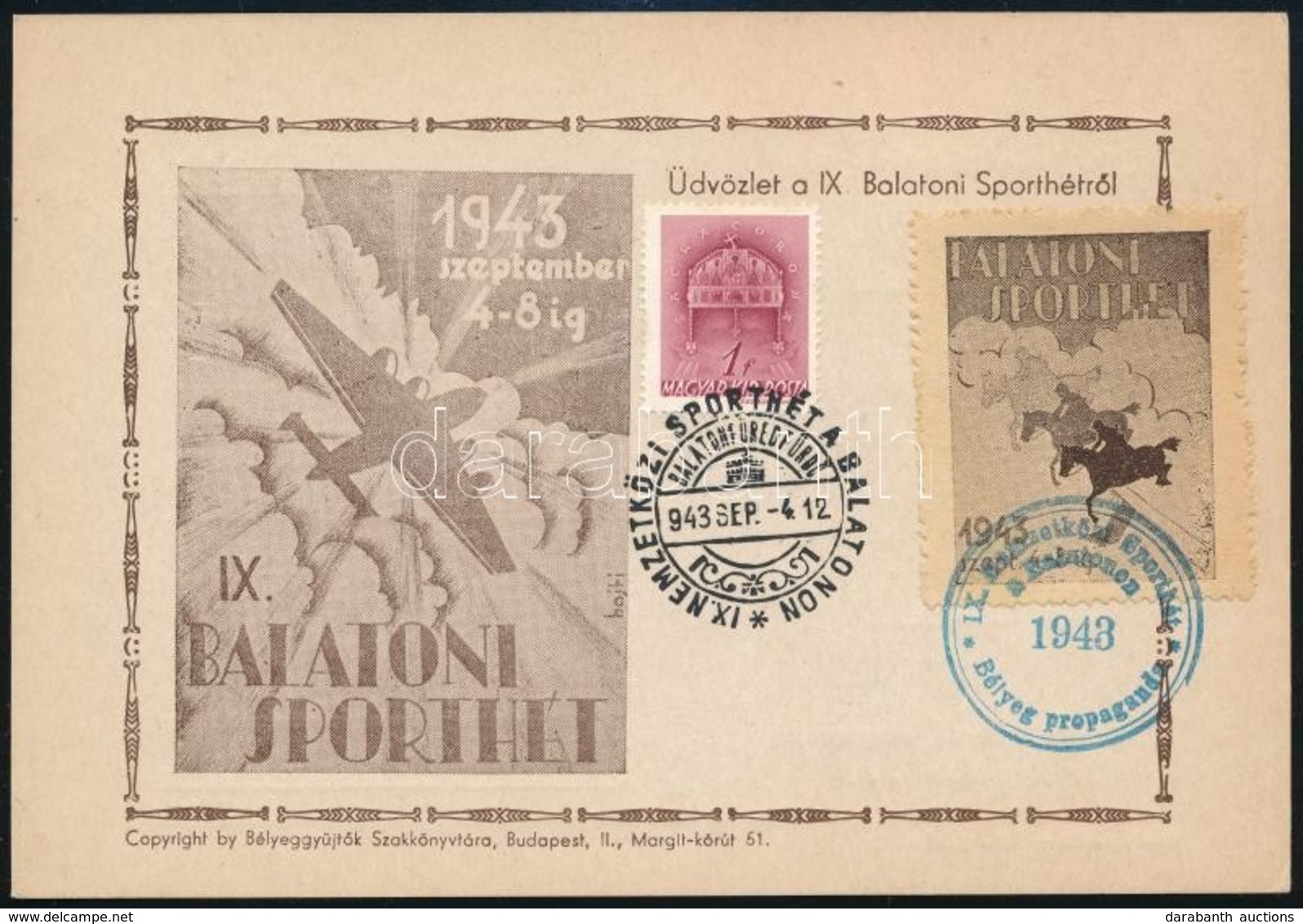 1943/1a Balatoni Sporthét Bélyeg Az Emlékívből Alkalmi Levelezőlapon és Bélyegzéssel / Stamp From A Souvenir Sheet On Po - Autres & Non Classés