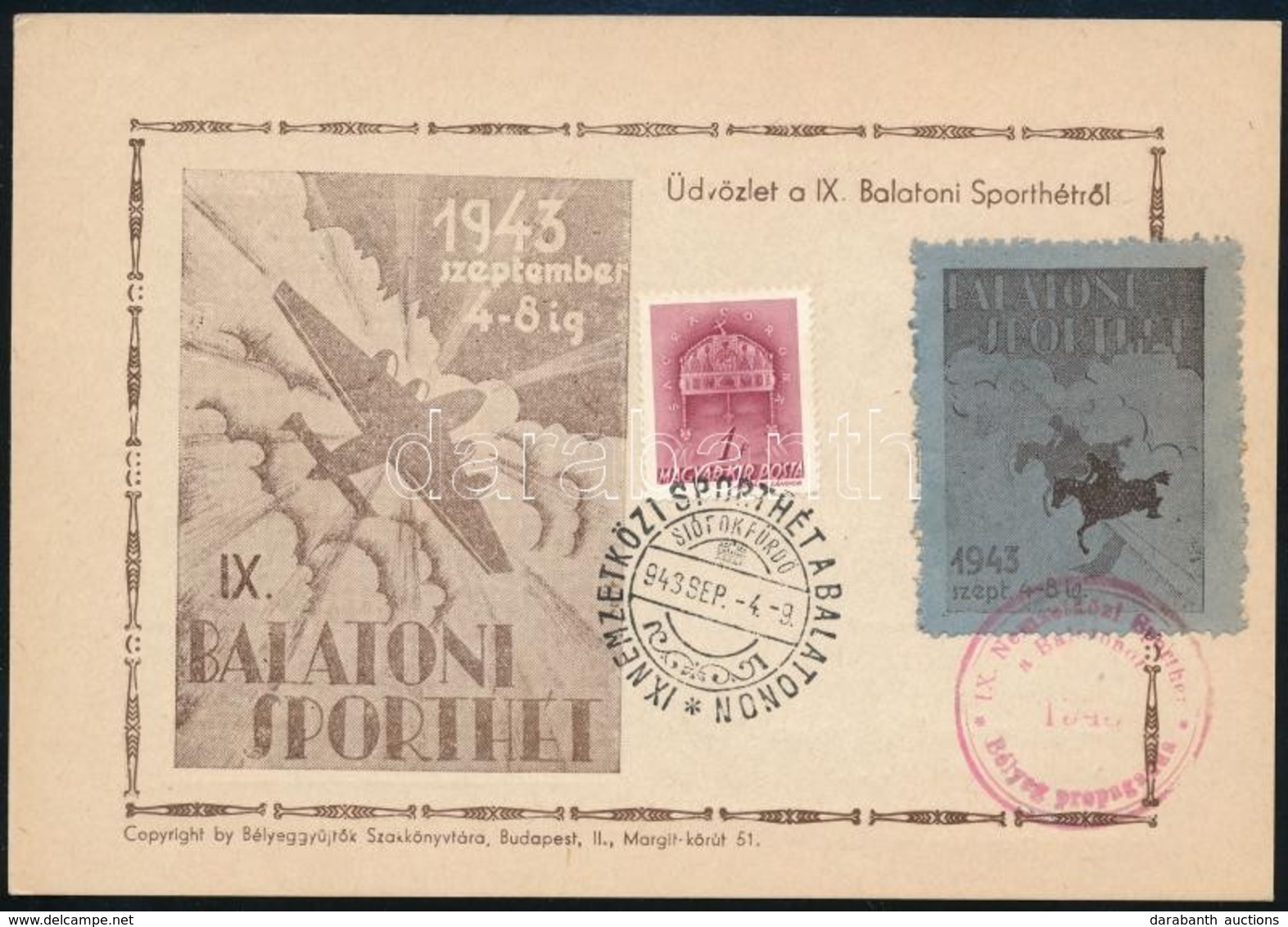 1943/1c Balatoni Sporthét Bélyeg Az Emlékívből Alkalmi Levelezőlapon és Bélyegzéssel / Stamp From A Souvenir Sheet On Po - Autres & Non Classés