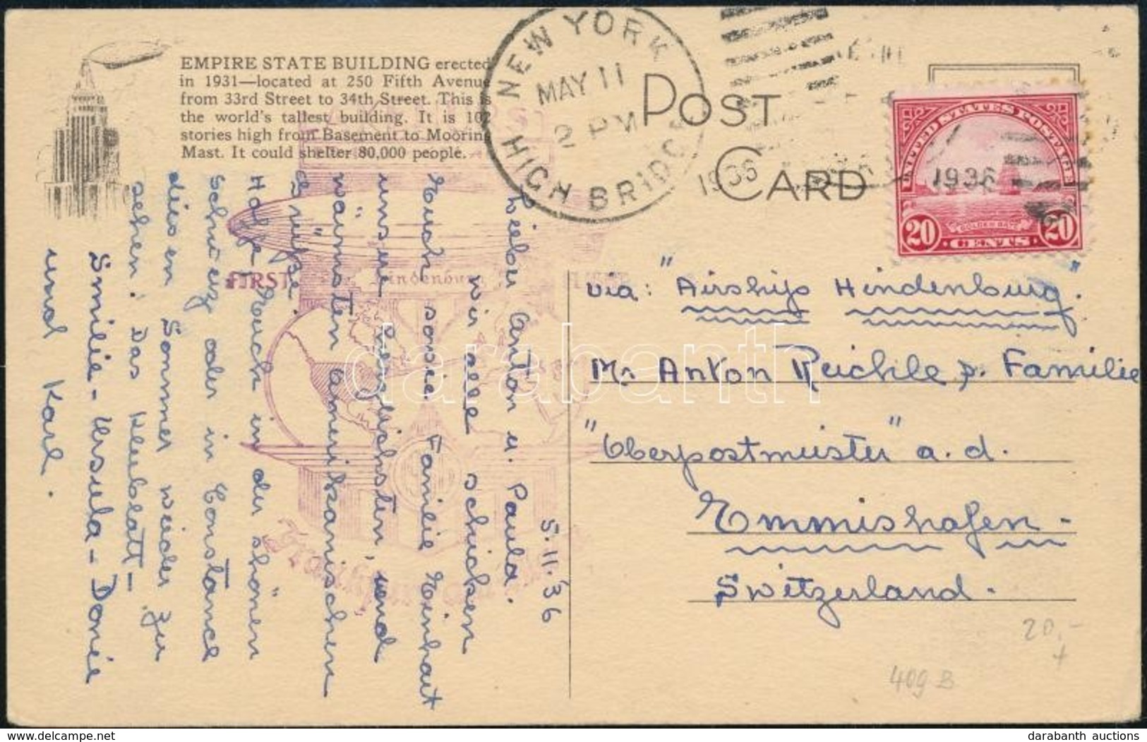 1936 Hindenburg Léghajó Első Repülés Képeslap Németországba / Airship Hindenburgn First Flight Postcard To Germany - Sonstige & Ohne Zuordnung