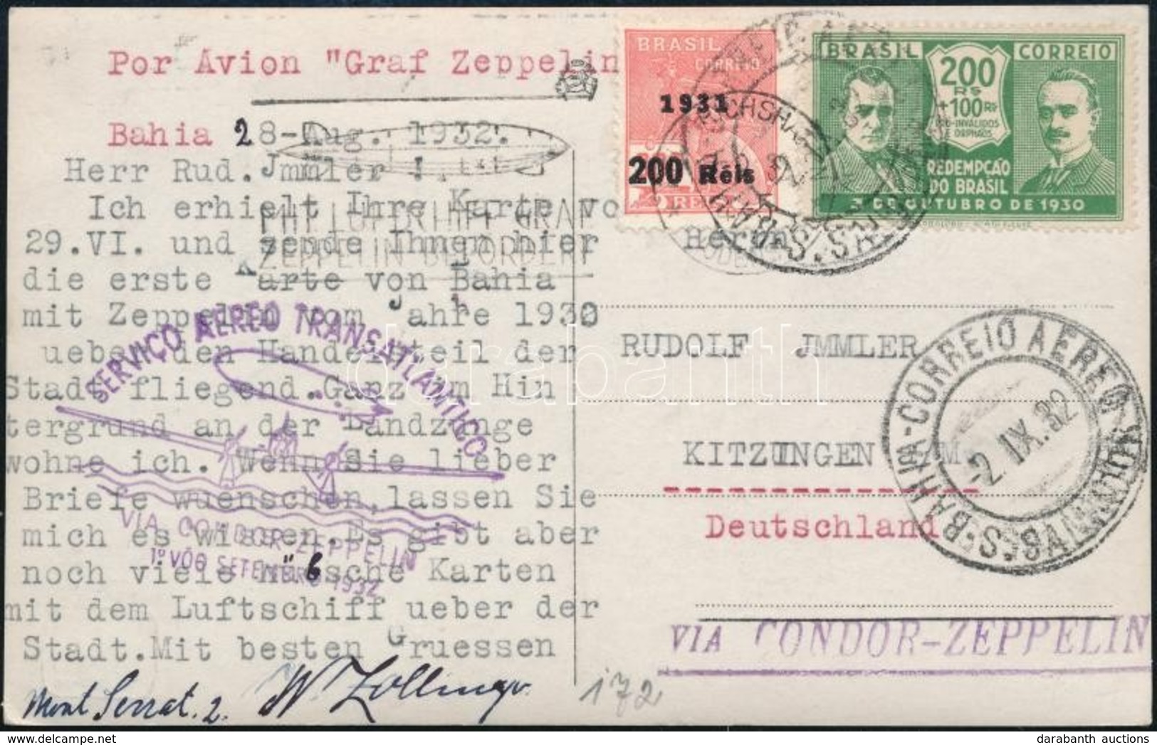 1932 Zeppelin 1. Dél-amerikai útja, Képeslap Németországba / Zeppelin 1st South America Flight Postcard To Germany - Autres & Non Classés