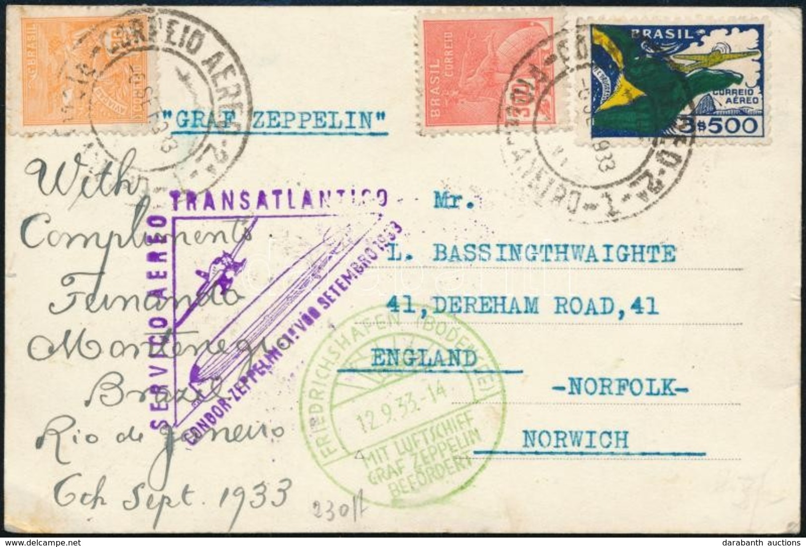 1933 Zeppelin 1. Dél-amerikai útja, Képeslap Angliába / Zeppelin 1st South America Flight Postcard To England - Autres & Non Classés