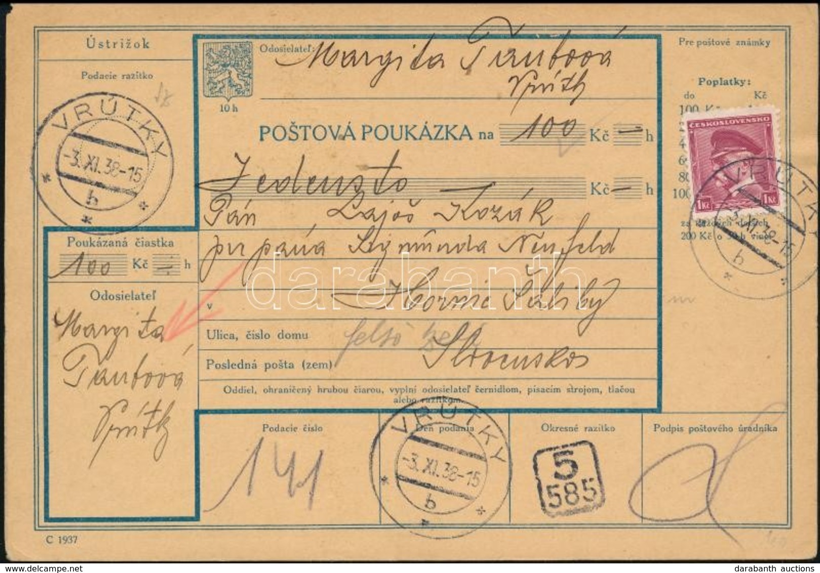 1939 Pénzutalvány / Money Order 'VRUTKY' - Sonstige & Ohne Zuordnung