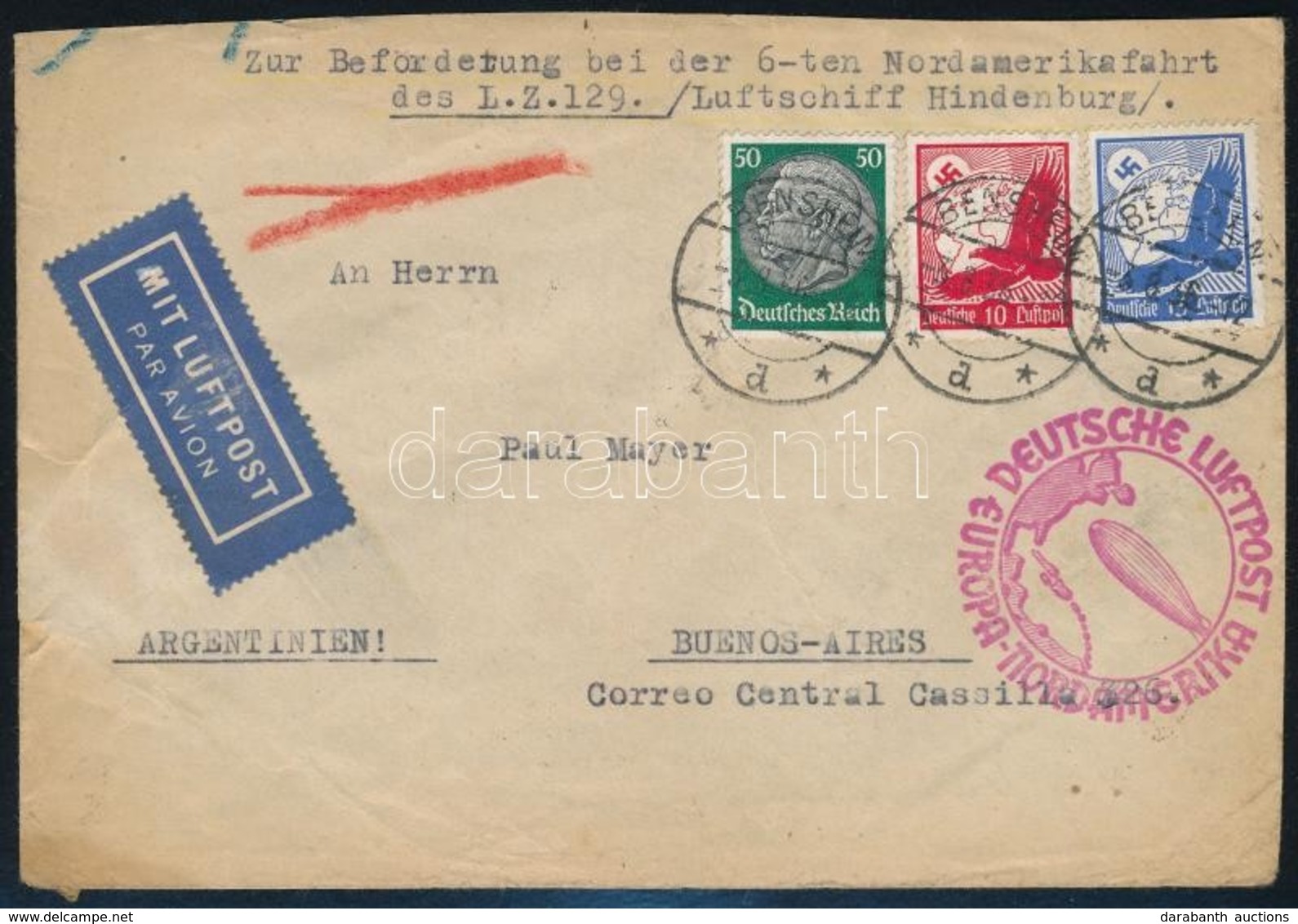 1936 Légi Levél Buenos Airesbe Az LZ 129 Léghajóval / Airmail Cover To Buenos Aires - Autres & Non Classés