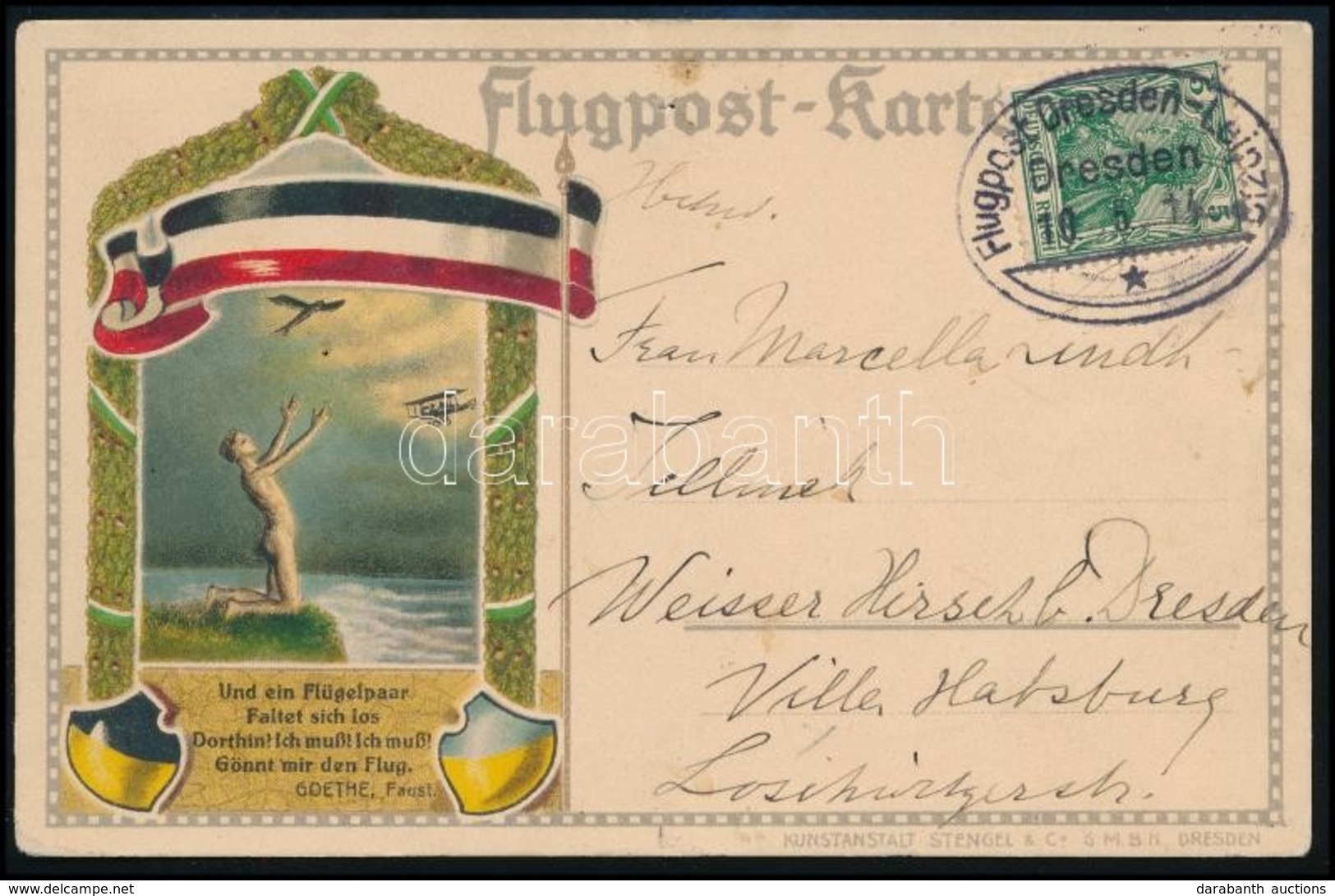 1914 Flugpost Dresden - Leipzig Alkalmi Légi Levelezőlap / Airmail Card - Autres & Non Classés