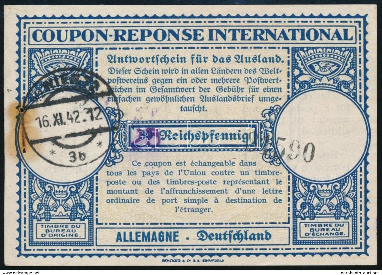1942 Nemzetközi Válaszdíjszelvény / International Reply Coupon (kis Rozsdafolt / Stain) - Sonstige & Ohne Zuordnung