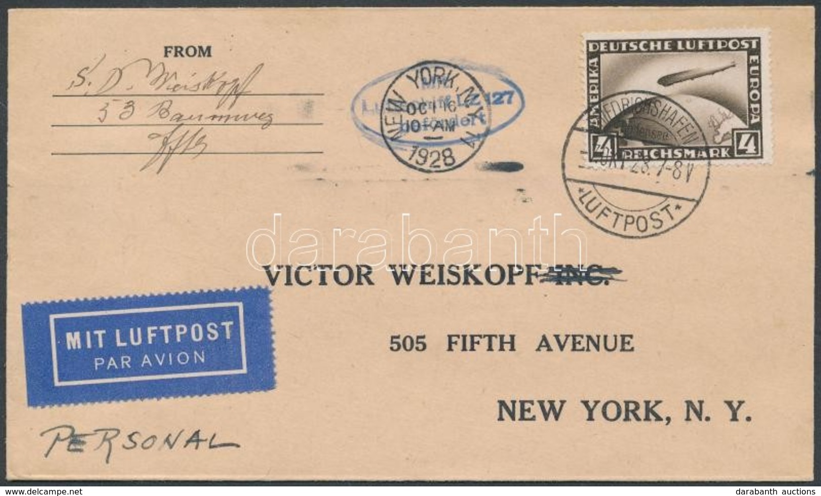 1928 Zeppelin észak Amerikai útja Levél 4RM Zeppelin Bélyeggel / Zeppelin Postcard To New York - Otros & Sin Clasificación