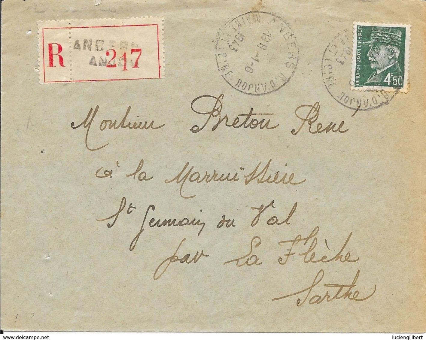 MAINE ET LOIRE 49 - ANGERS -  CACHET RECETTE R A5 - HOROPLAN - 1943 - ARRIVEE LAVAL R A3 - SUR LETTRE RECOMMANDEE - Manual Postmarks