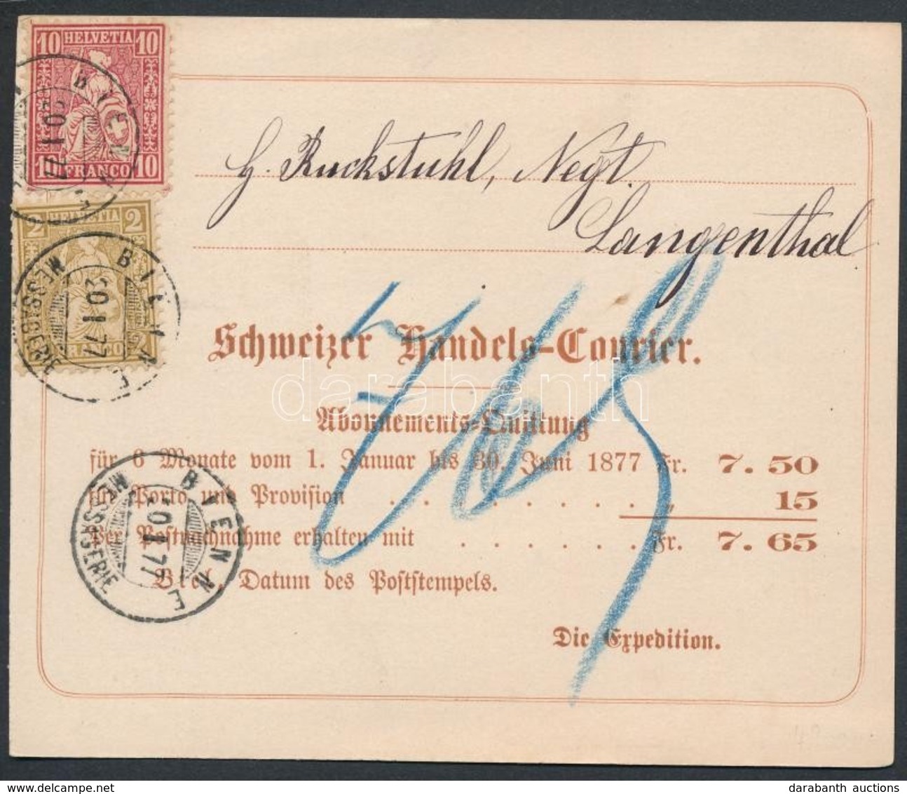 1877 Mi 29a, 30 Levelezőlapon / On Postcard 'BIENNE' - Langenthal - Other & Unclassified