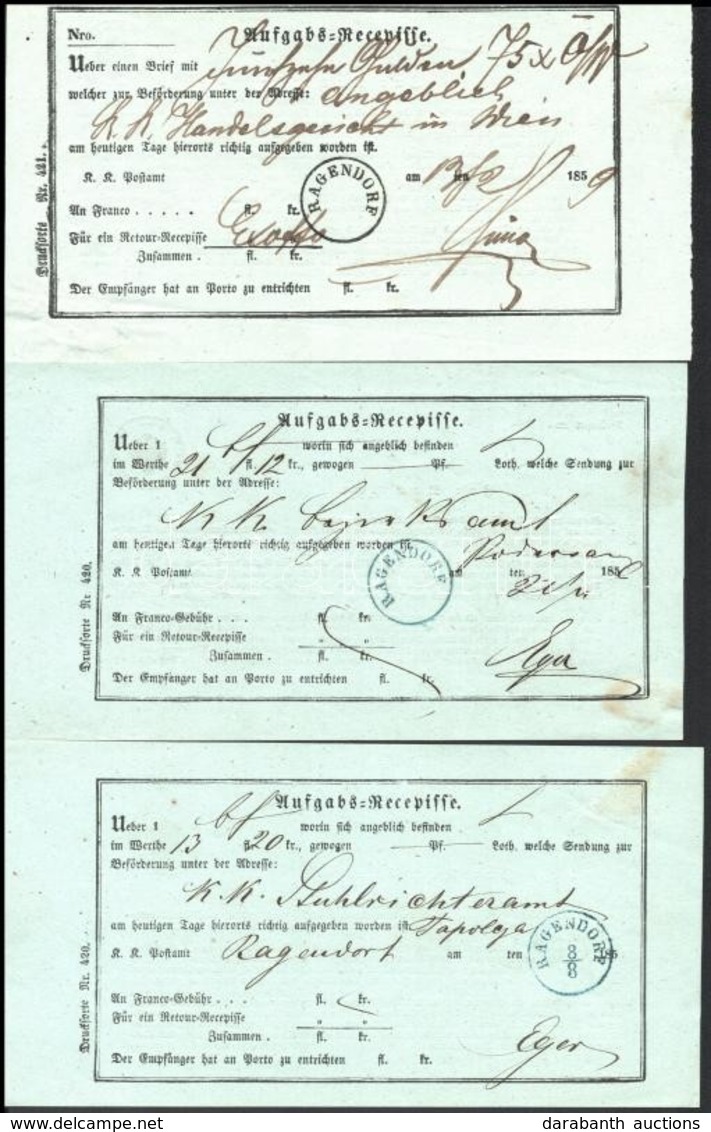 1856-1859 3 Db Recepisse Klf 'RAGENDORF' Bélyegzésekkel, Közte 2 Kék / Different 'Ragendorf' Postmarks (2 Blue) - Autres & Non Classés