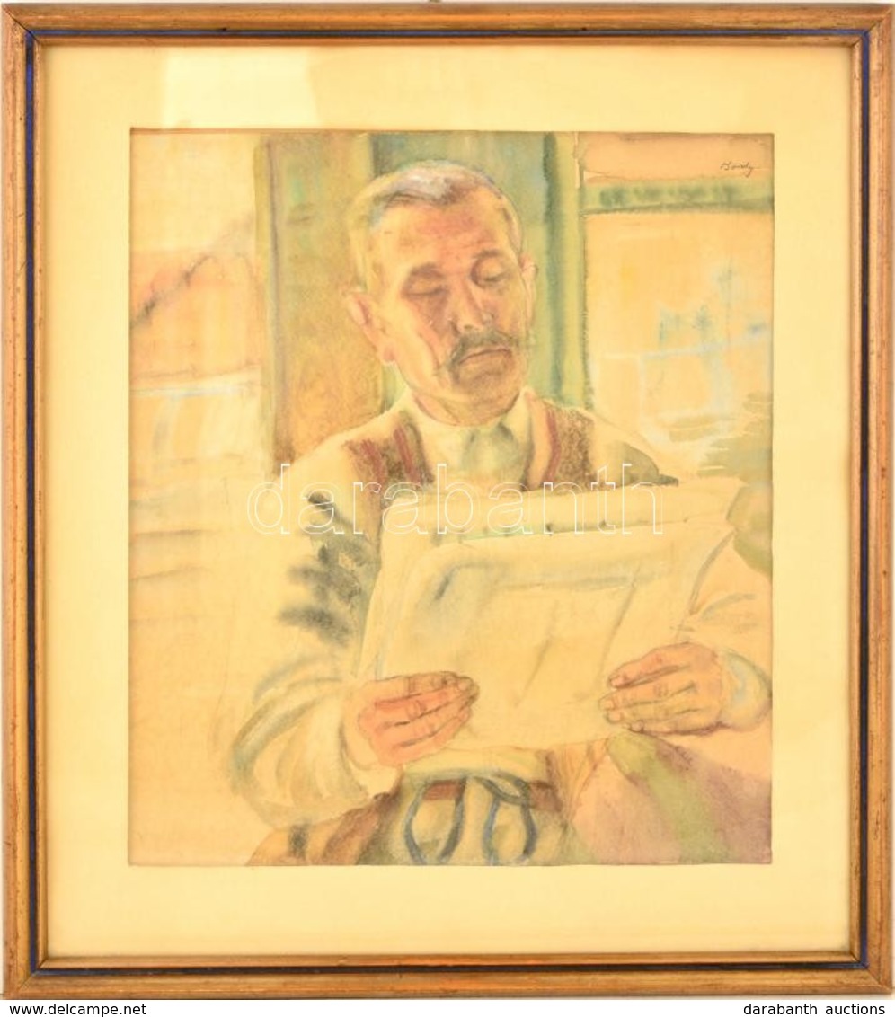 Bordy András (1905-1989): Újság Olvasó Férfi. Akvarell, Papír, Jelzett, üvegezett Keretben, 43×37 Cm - Altri & Non Classificati