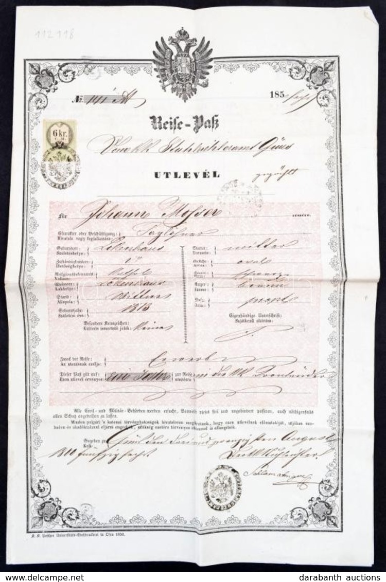1853 Kőszegen Kiállított útlevél 6kr CM Okmánybélyeggel /  Passport - Non Classés