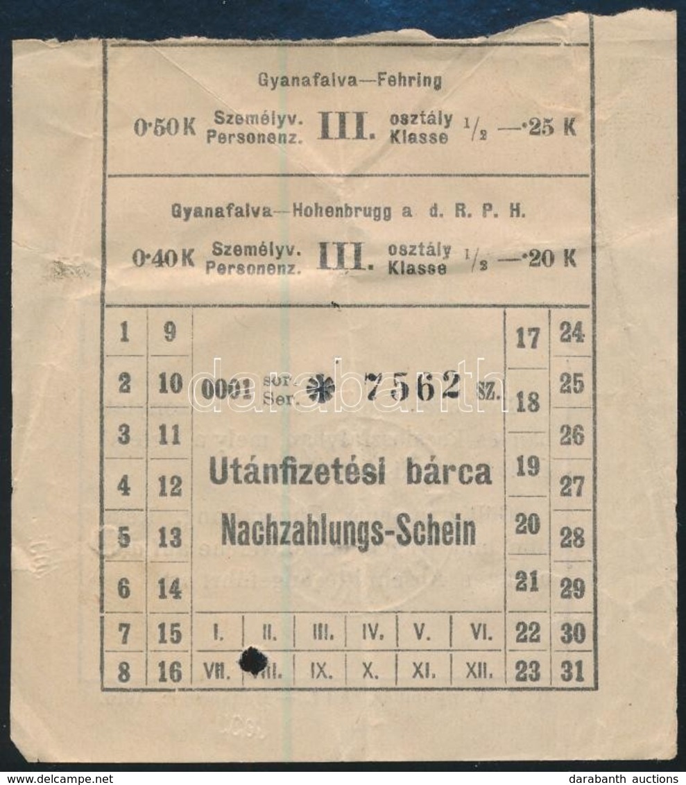 Cca 1910 Gyanafalva MÁV Vasúti Jegy - Non Classés