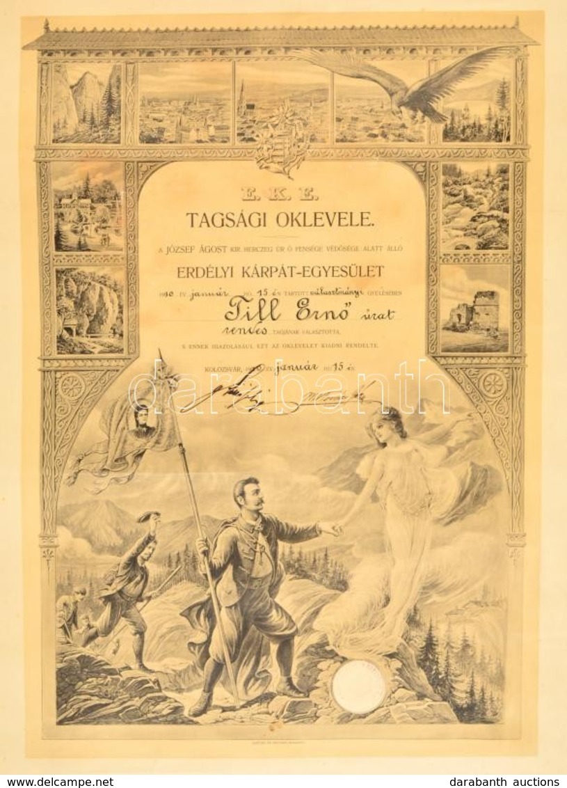 1910 Az Erdélyi Kárpát Egyesület Díszes Oklevele Rendes Taggá Választásról, Felcsavarva, Nagyon Kis Sérüléssel - Non Classés