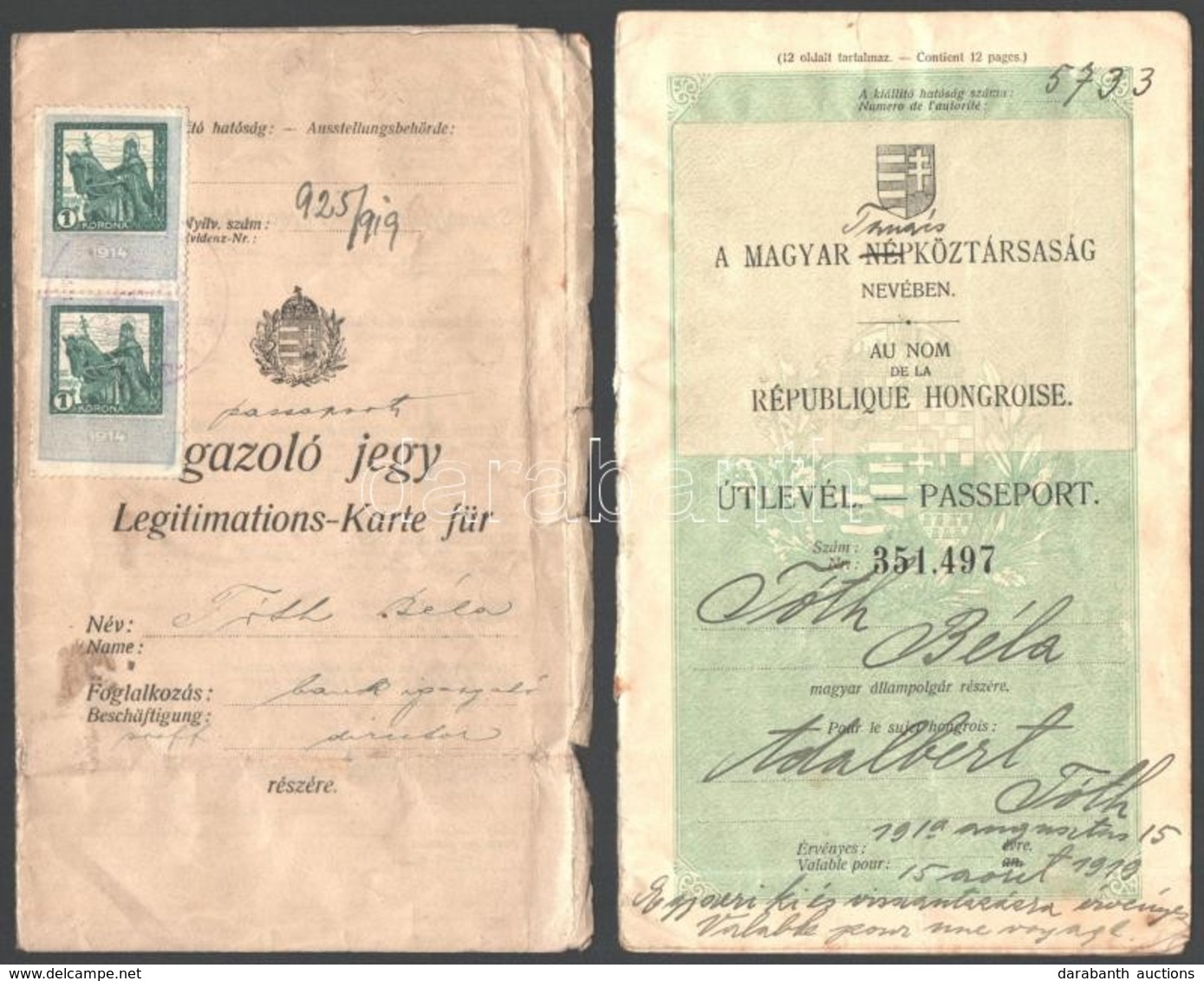 1919 Bp., Fényképes Igazoló Jegy és Tanácsköztársasági útlevél - Non Classés