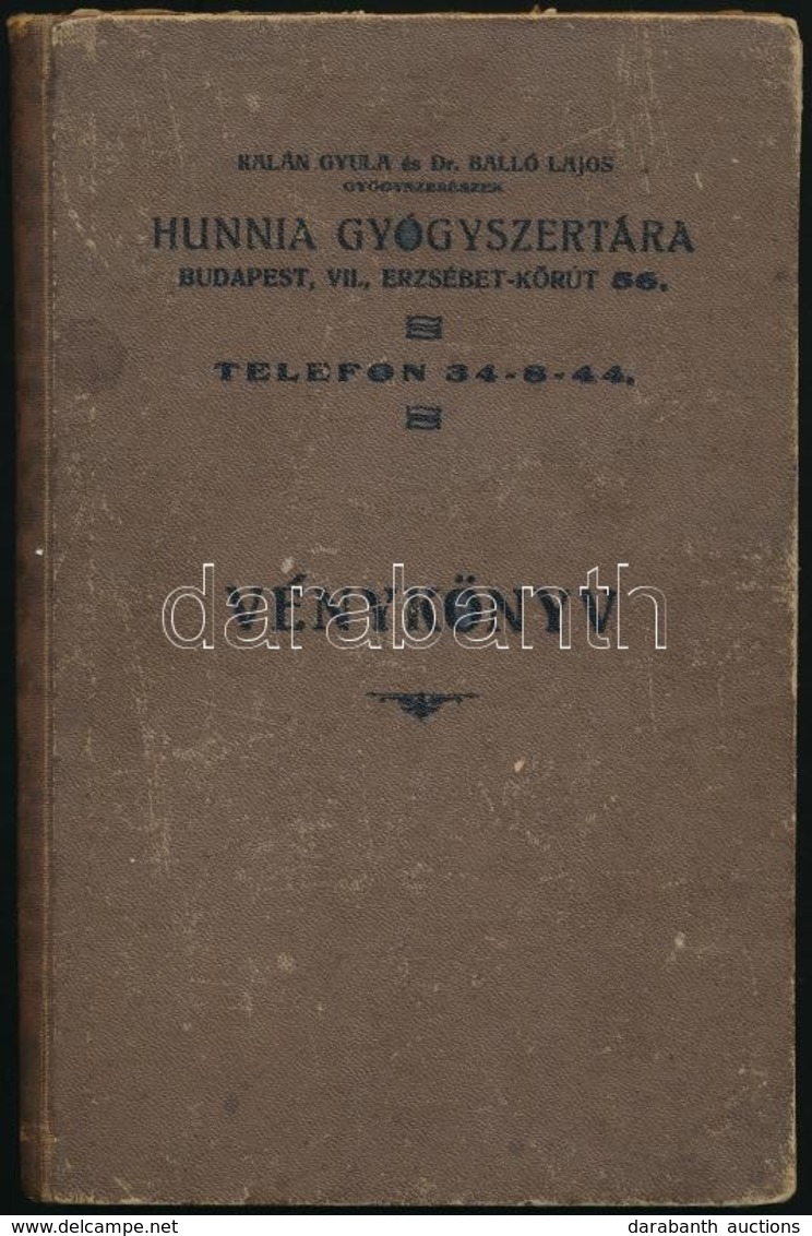 Cca 1930 Budapest VII. Kalán Gyula és Dr. Balló Lajos Hunnia Gyógyszertára. Sorszámozott Vénykönyv. Benne Jegyzetekkel / - Non Classés