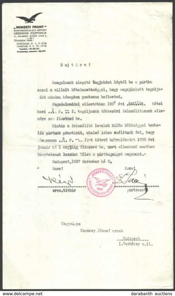 1937 A Nemzeti Front Magyarszocialista Néppárt Tagdíjfizetési Felszólítása, Fejléces Papíron - Non Classés