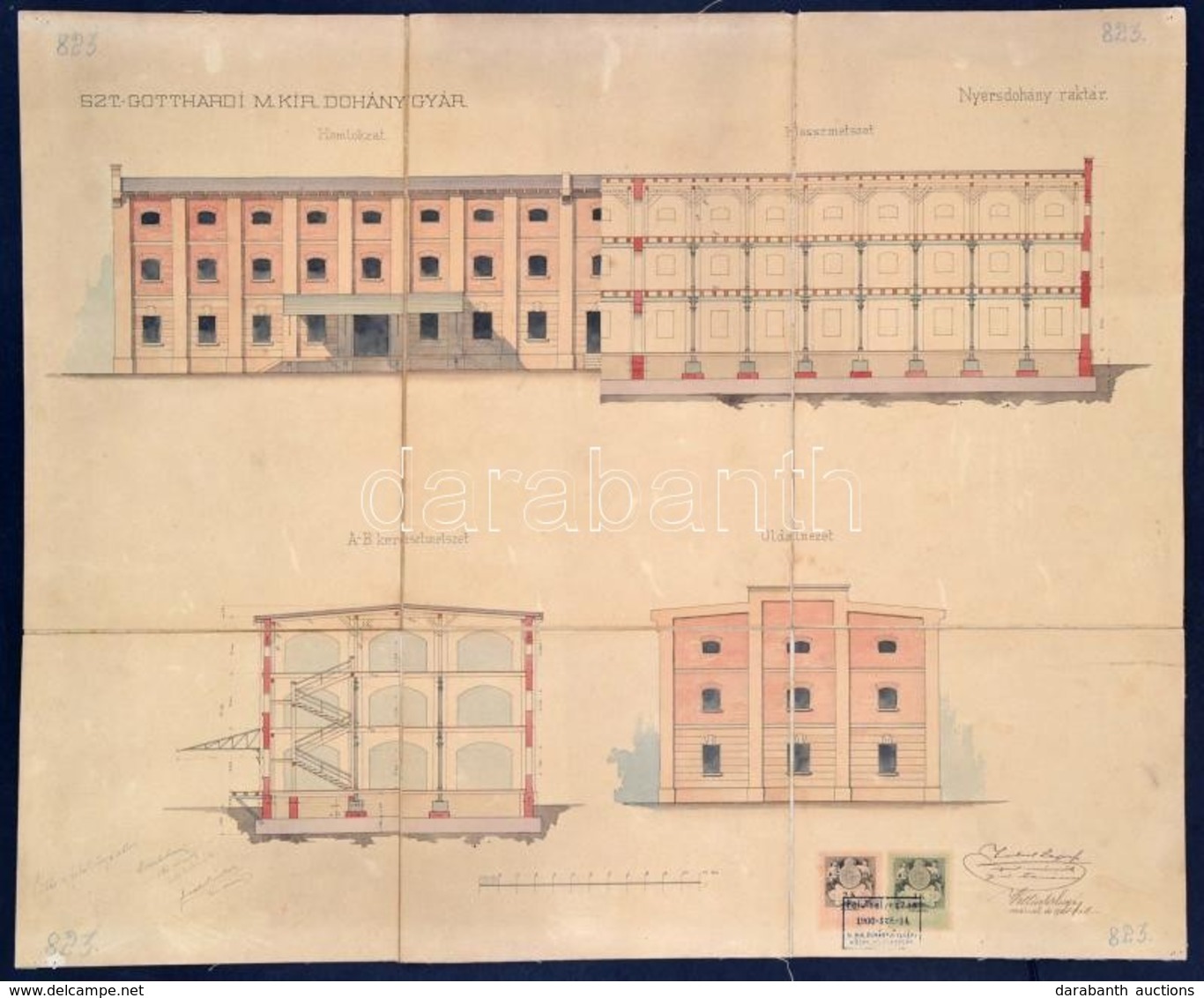 1894 A Szentgotthárdi M. Kir. Dohánygyár épületének Terve. Akvarell, Vegyes Technika, A Tervezők Aláírásával. Vászonra K - Non Classés