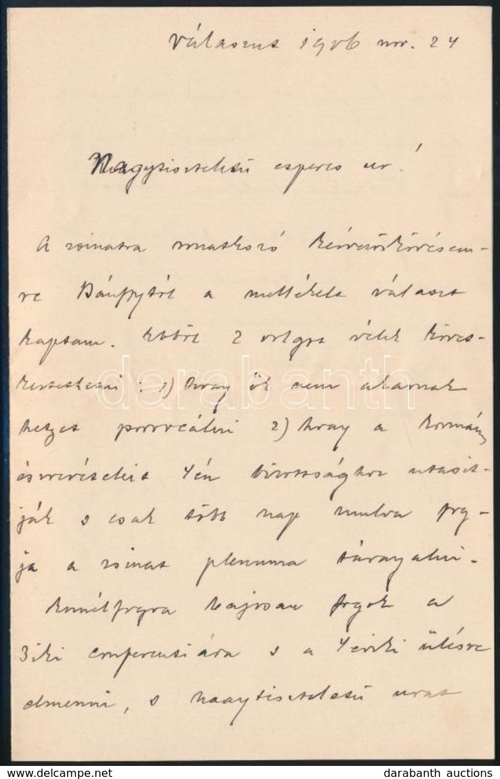 1906 Ifj. Tisza Kálmán Gróf (1867-1947) Saját Kézzel írt Levele Szél Kálmán Nagyszalontai Esperesnek, Református Zsinat  - Ohne Zuordnung