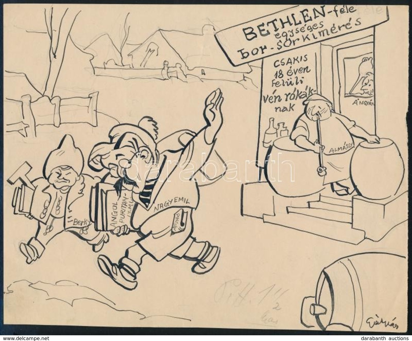 Cca 1930 Gáspár Antal (1889-1959) Eredeti, Aláírt Politikai Karikatúrája, 17×21 Cm - Ohne Zuordnung
