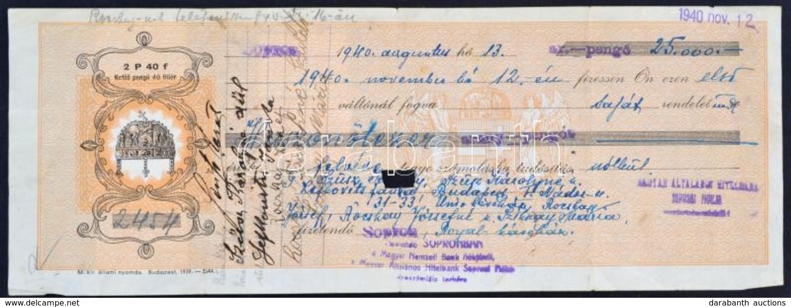 1940 Sopron, Royal-kávéház Vételi Váltója, 25.000 Pengő értékben, Aláírásokkal, Váltó Illetékekkel, Középen Kis Hiánnyal - Non Classés