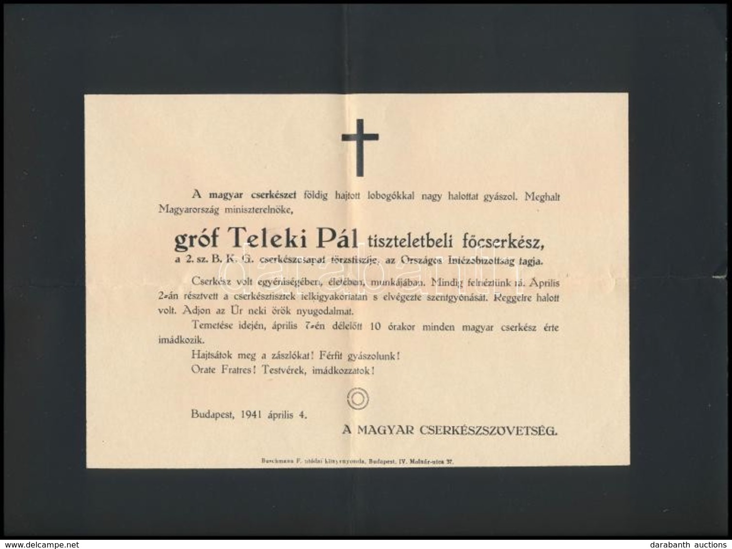 1941 Gróf Teleki Pál (1879-1941) Miniszterelnök, Főcserkész, Földrajztudós Halálozási értesítője. - Unclassified