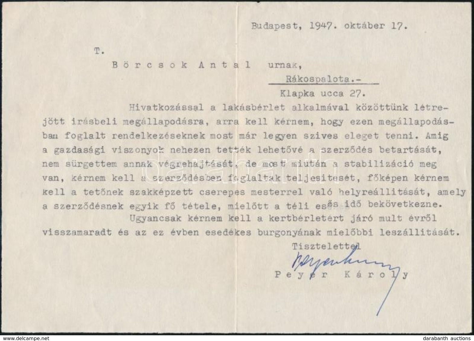 1947 Peyer Károly Szociáldemokrata Politikus Gépelt, Aláírt Levele Bérleti Szerződés Betartásáról - Ohne Zuordnung