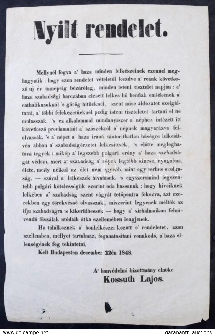 1848 Kossuth Lajos, A Honvédelmi Bizottmány Elnökének Nyílt Rendelete A Haza Minden Lelkészeinek, Melyben Előírja, Hogy  - Ohne Zuordnung