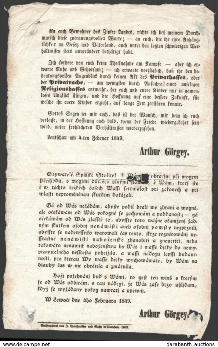 1849.  Február  4. Görgei Artúr Kiáltványa  A  Szepesség Lakosságához, Melyben Csupán Jóindulatú Semlegességet Kér A Szl - Ohne Zuordnung