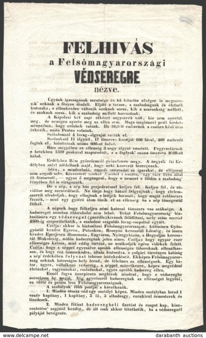 1849. Március 16. Szemere Bertalan Felhívás A Felsőmagyarországi Védseregre Nézve. A Felhívásban Szemere Egy, A Felvidék - Ohne Zuordnung