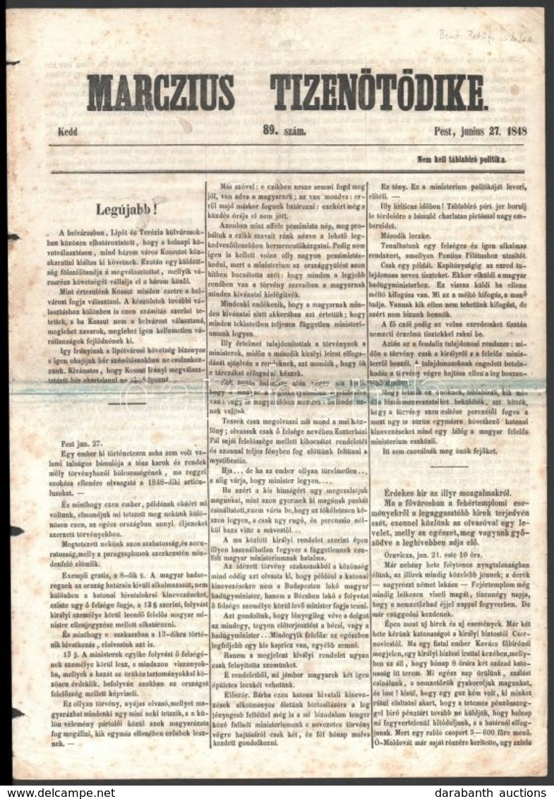 1848 Marczius Tizenötödike. 89. Sz. 1848. Jun. 28. Benne: Petőfi Sándor Cikkével. Szerk.: Pálfi Albert. Nyomtatta és Kia - Ohne Zuordnung