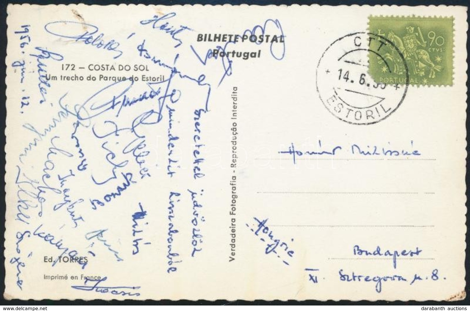 1956 Az Aranycsapat Tagjainak (Kocsis, Buzánszky, Stb.) Aláírásai Portugáliából Küldött Levelezőlapon - Autres & Non Classés