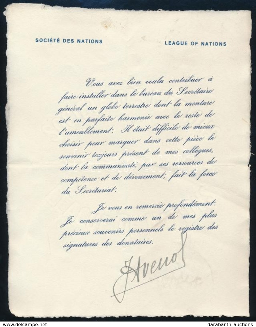 Cca 1935-1940 Joseph Avenol (1879-1951) Francia Politikus és Diplomata Aláírása Népszövetségi Levélen / Autograph Signat - Sonstige & Ohne Zuordnung