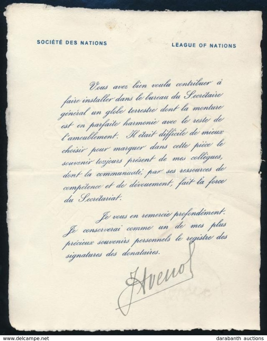 Cca 1935-1940 Joseph Avenol (1879-1951) Francia Politikus és Diplomata Aláírása Népszövetségi Levélen / Autograph Signat - Autres & Non Classés
