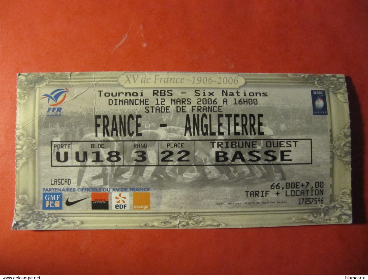 BILLET TICKET DE MATCH DE RUGBY - FRANCE - ANGLETERRE - 12 MARS 2006 - STADE DE FRANCE - Rugby