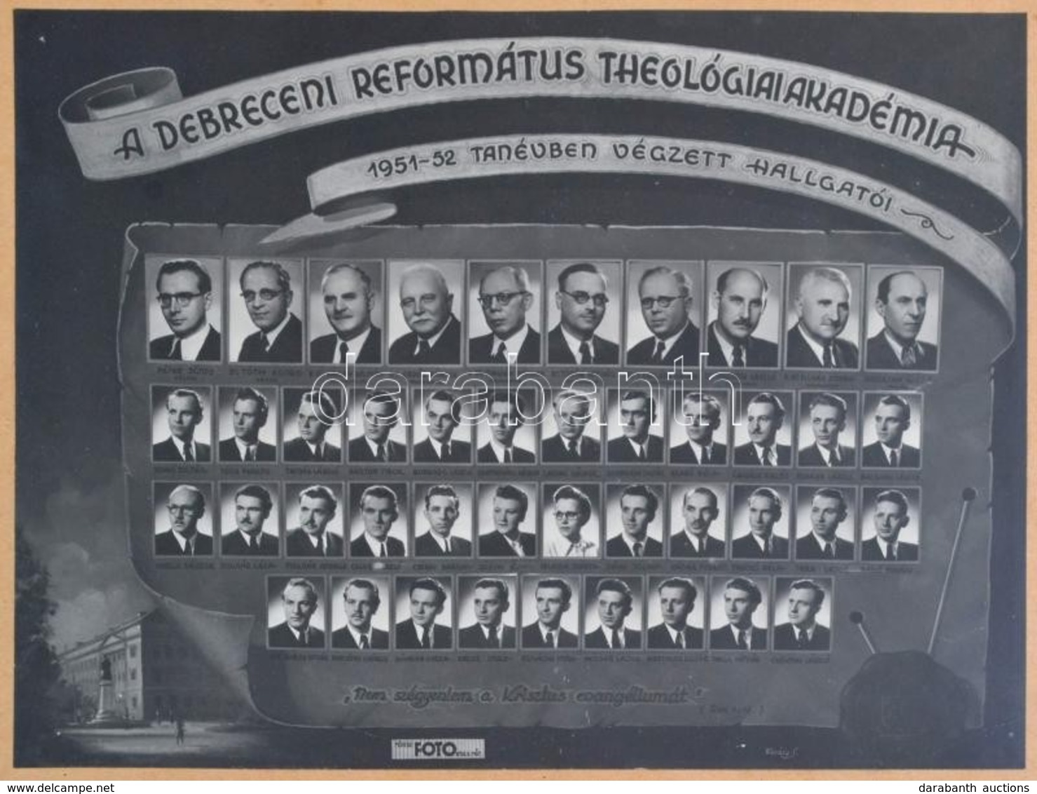 1952 A Debreceni Református Theológiai Akadémia 1951-1952 Tanévben Végzett Hallgatói, Tablófotó, üvegezett Fa Keretben,  - Sonstige & Ohne Zuordnung