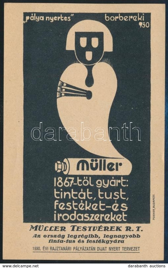1930 Müller Testvérek Tinta, Tus- és Festékgyárának Reklámos Számolócédulája, Borbereki Kovács Zoltán Grafikája, Moderni - Publicités