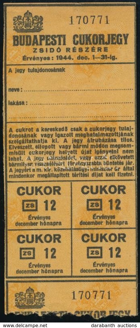 1944 Budapesti Cukorjegy Zsidó Részére - Autres & Non Classés