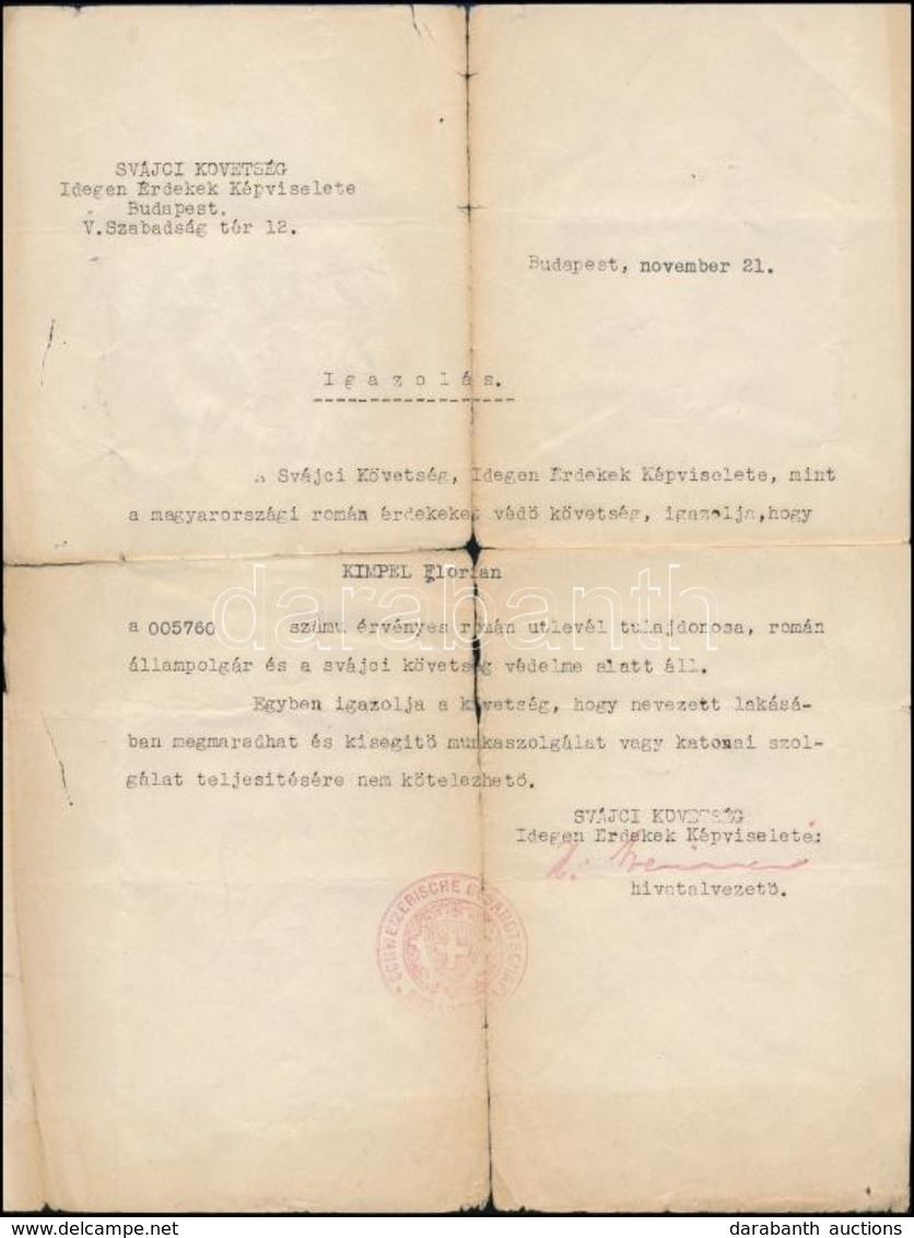 Cca 1944 Svájci Követségi Menlevél Román állampolgár Részére / Schutzpass Issued By The Swiss Consulate In Hungary To Ro - Autres & Non Classés