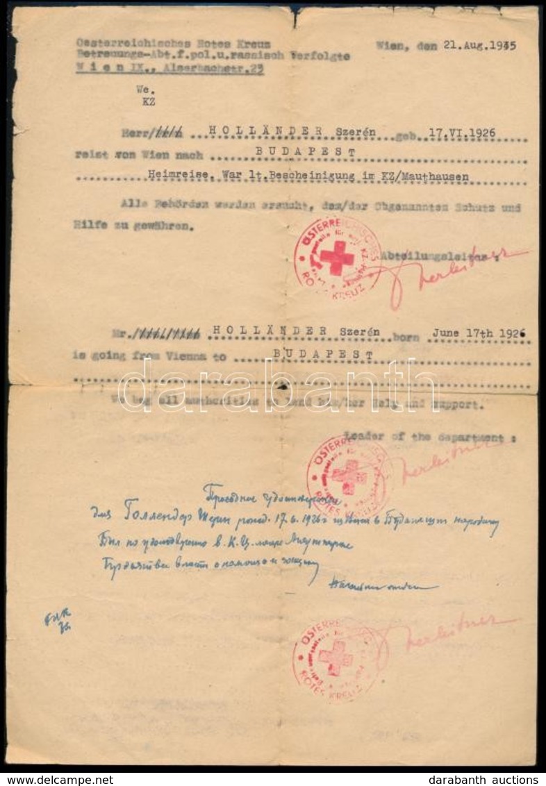 1945 Az Osztrák Vöröskereszt Utazási Igazolványa Volt Mauthauseni Fogoly Részére /
1945 Certificate Of Travel Issued By  - Autres & Non Classés