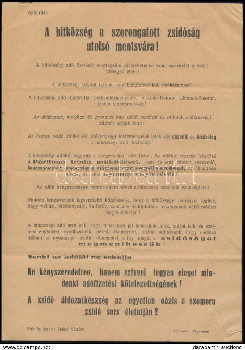 Cca 1940 'A Hitközség A Szorongatott Zsidóság Utolsó Mentsvára!', A Nagyváradi Hitközség Hirdetménye, Hajtott, Kis Sérül - Sonstige & Ohne Zuordnung