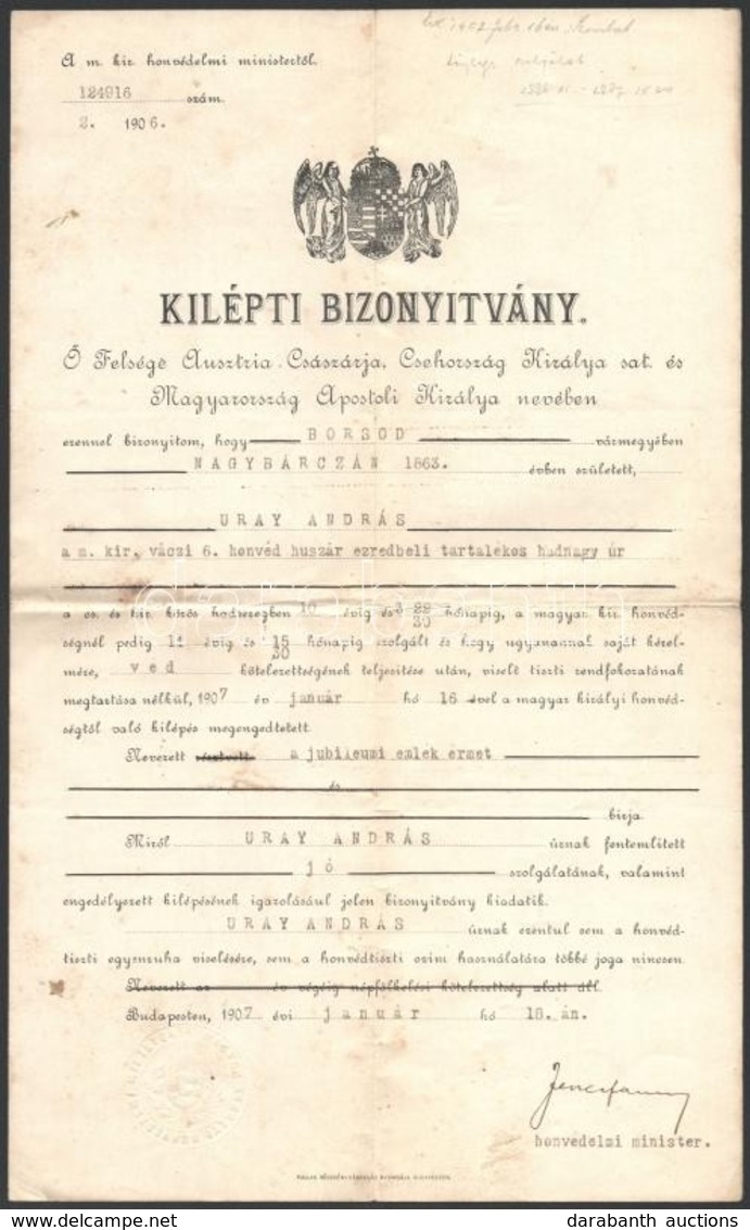 1907 Tartalékos Hadnagy Részére Szóló Kilépési Bizonyítvány Jekelfalussy Lajos Honvédelmi Miniszter (1906-1910) Aláírásá - Autres & Non Classés