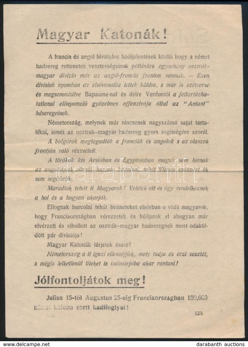 1918 'Magyar Katonák! Jól Fontoljátok Meg!', Nyomtatott Röplap, Magyar és Német Nyelven - Sonstige & Ohne Zuordnung